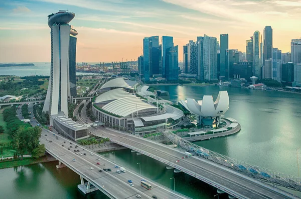 Singapore September 2016 Günbatımında Marina Körfezi Nde Şehrin Ana Simgeleri — Stok fotoğraf