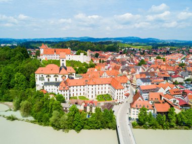 Hohes Schloss Fussen or Gothic High Castle of the Bishops and St. Mang Abbey monastery aerial panoramic view in Fussen, Germany clipart