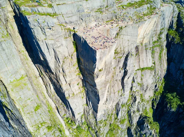 Preikestolen or Prekestolen or Pulpit Rock aerial panoramic view, Norway. Preikestolen is a steep cliff which rises above the Lysefjord.