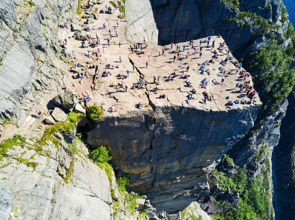 Preikestolen or Prekestolen or Pulpit Rock aerial panoramic view, Norway. Preikestolen is a steep cliff which rises above the Lysefjord.