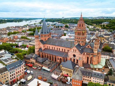 Mainz Cathedral aerial panoramic view, located at the market square of Mainz city in Germany clipart