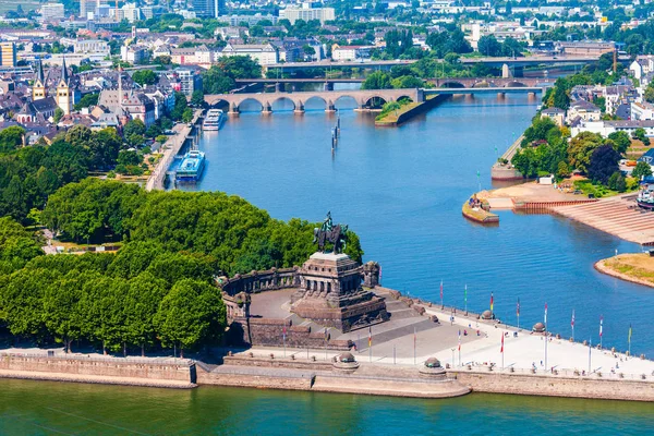 Német Egység Deutsches Eck Koblenz Emlékműve Koblenz Városa Rajnán Csatlakozott — Stock Fotó