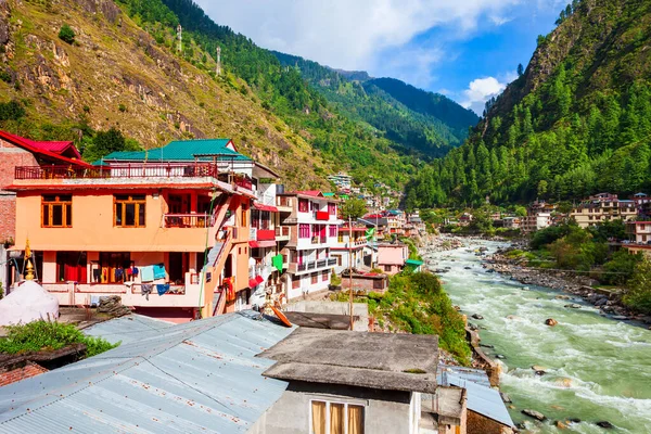 Colorate Case Locali Fiume Parvati Nel Villaggio Manikaran Nella Valle — Foto Stock