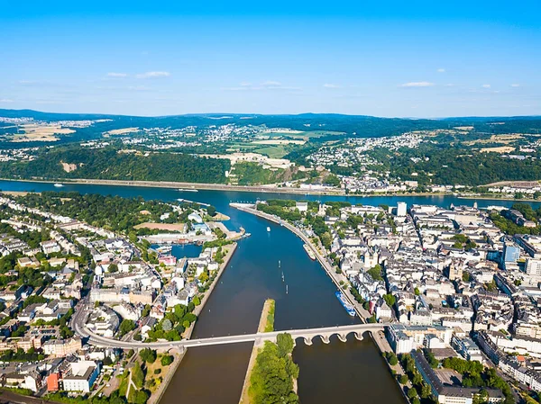 Koblenz Panorámás Légifelvételek Koblenz Városa Rajna Amelyhez Csatlakozik Moselle Folyó — Stock Fotó