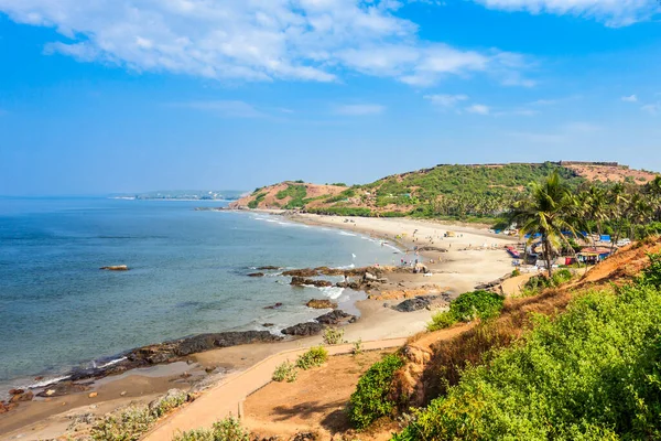 Spiaggia Vagator Ozran Con Palme Vista Panoramica Aerea Nord Goa — Foto Stock