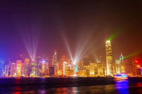 Skyline Der Insel Hongkong Mit Lichtshow Vom Victoria Harbour Aus — Stockfoto