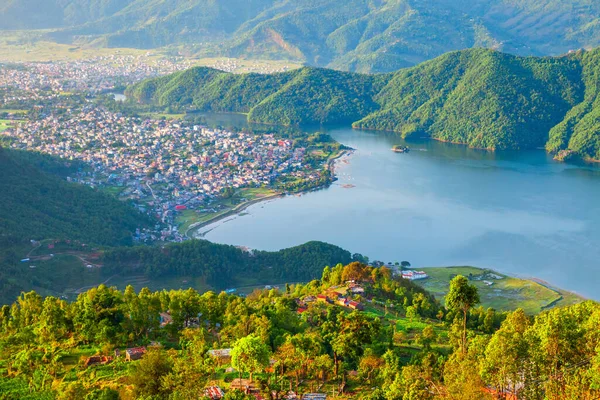 Phewa Lake Panoramisch Uitzicht Vanuit Lucht Het Phewa Meer Fewa — Stockfoto