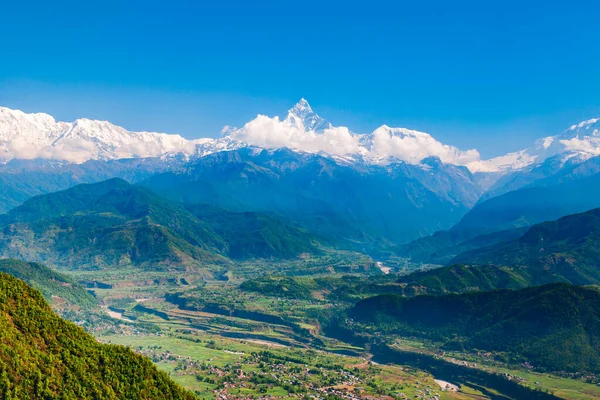 Annapurnan Ylängöllä Panoraamanäkymä Sarangkotin Kukkulalta Himalajan Vuoristossa Pokharassa Nepalissa — kuvapankkivalokuva