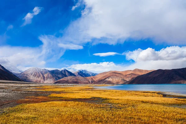 Pangong Tso 或盘松湖 Pangong Lake 是喜马拉雅山脉的一个内陆湖泊 从印度的拉达克一直延伸到中国的西藏 — 图库照片