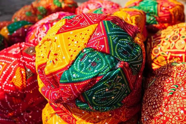 Traditional rajasthani style turbans in the market in Jaislamer city in Rajasthan state of India