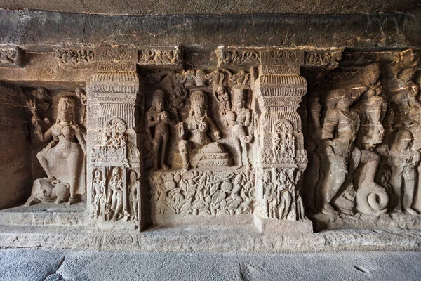 Esculturas Relevo Templo Kailasa Kailash Nas Cavernas Ellora Maharashtra Índia — Fotografia de Stock