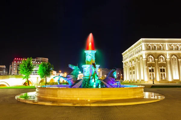 Tři Koňské Fontány Muzeu Makedonského Boje Centru Města Skopje Severní — Stock fotografie