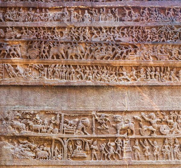 Tallados Paneles Mahabharata Kailasa Kailash Temple Las Cuevas Ellora Maharashtra — Foto de Stock