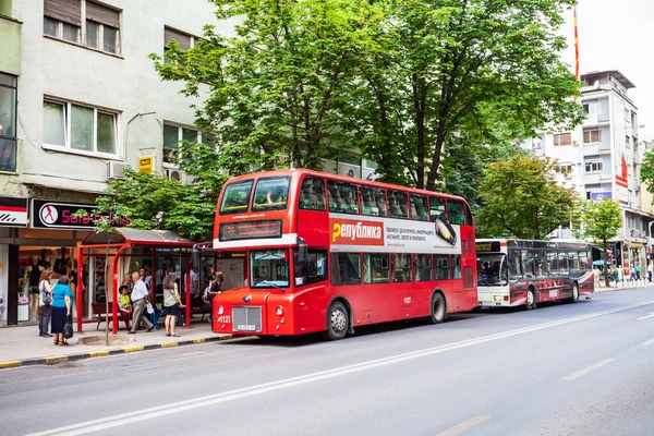 Skopje Macedonia Mei 2013 Dubbeldekker Rode Bus Ontworpen Voor Skopje — Stockfoto