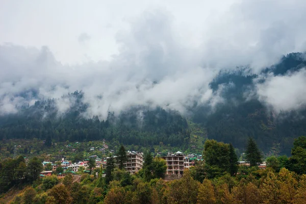 Scenic Landscape View Forested Mountain Slope Clouds Evergreen Conifers Mist — Stock Photo, Image