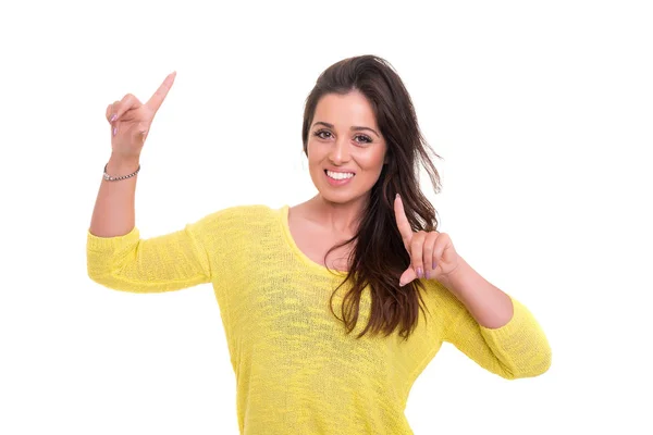 Studio Shot Mujer Feliz Con Los Brazos Levantados —  Fotos de Stock