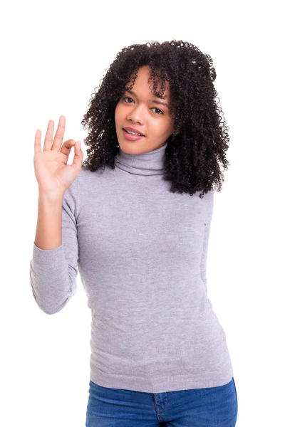 Beautiful Young Woman Signaling Isolated White Background — Stock Photo, Image