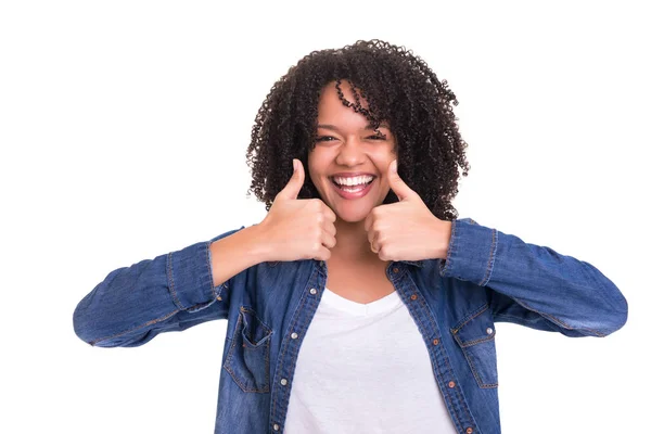 Mooie Jonge Vrouw Signalering Geïsoleerd Wit — Stockfoto