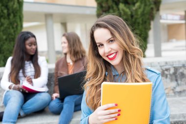 Grup çok etnik genç öğrenciler Üniversitesi Kampüsü