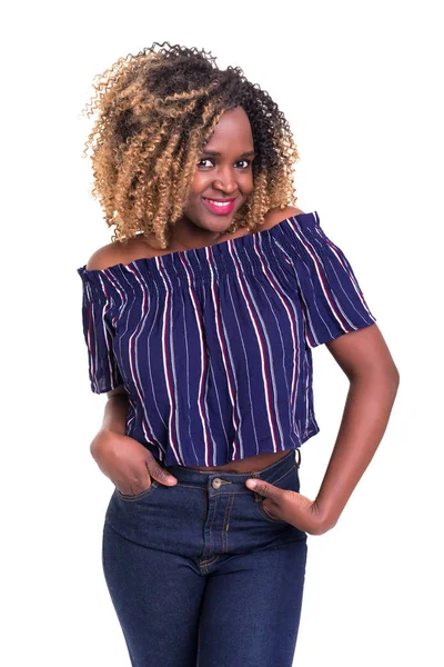 Beautiful Young African Woman Posing Isolated White Background — Stock Photo, Image