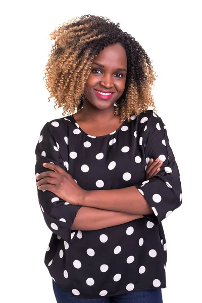 Hermosa Joven Africana Posando Aislada Sobre Fondo Blanco — Foto de Stock