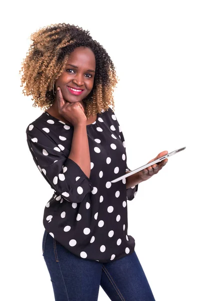 Young African Woman Working Her Tablet Computer Isolated White Background — Stock Photo, Image