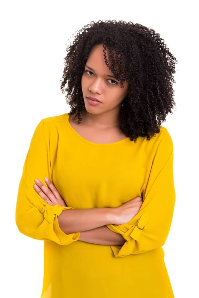 Studio Girato Una Triste Donna Africana Isolata Sul Bianco — Foto Stock