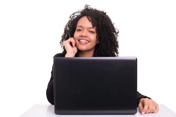 Young African Business Woman Working Laptop Isolated White — Stock Photo, Image