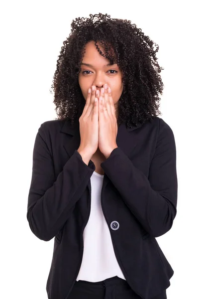 Verrast Zakenvrouw Geïsoleerd Witte Achtergrond — Stockfoto