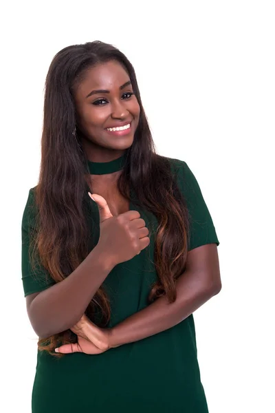 Unga Afrikanska Affärskvinna Signalering Över Vit Bakgrund — Stockfoto
