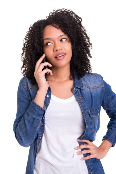 Giovane Bella Donna Africana Telefono Isolata Sfondo Bianco — Foto Stock