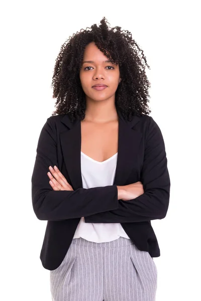 Prachtige Afrikaanse Zakenvrouw Poseren Geïsoleerd Witte Achtergrond — Stockfoto