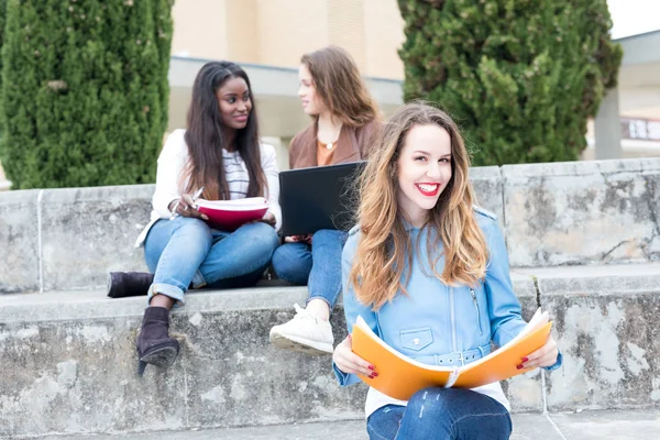 Grup çok etnik genç öğrenciler Üniversitesi Kampüsü