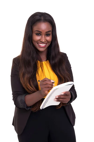 Mulher Negócios Africano Tomar Algumas Notas Isolado Sobre Fundo Branco — Fotografia de Stock