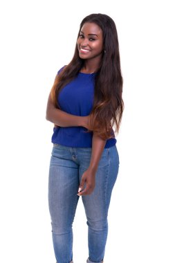 güzel genç Afrikalı kadın üzerinde beyaz izole poz