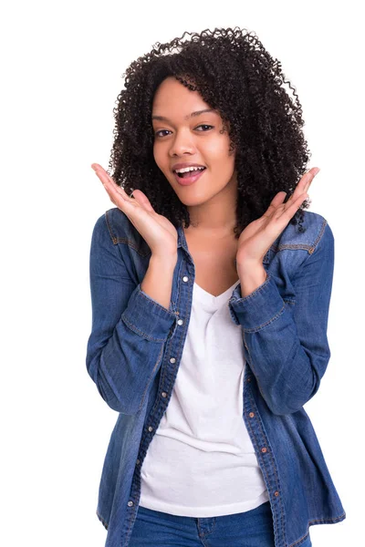 Una Donna Molto Sorpresa Isolata Uno Sfondo Bianco — Foto Stock