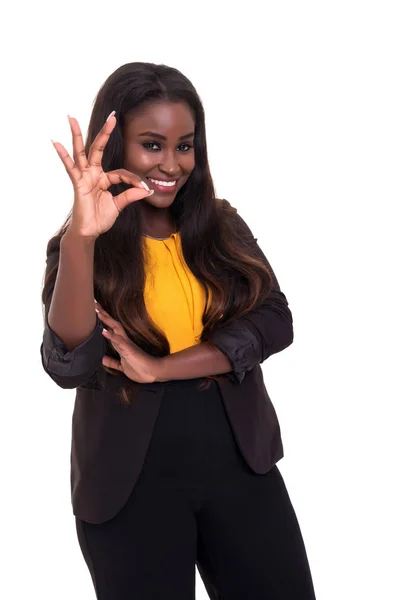 Jovem Mulher Negócios Africana Sinalizando Isolado Sobre Fundo Branco — Fotografia de Stock