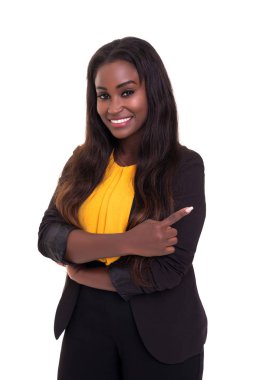 Beyaz arka plan üzerinde izole poz güzel Afrika iş kadını