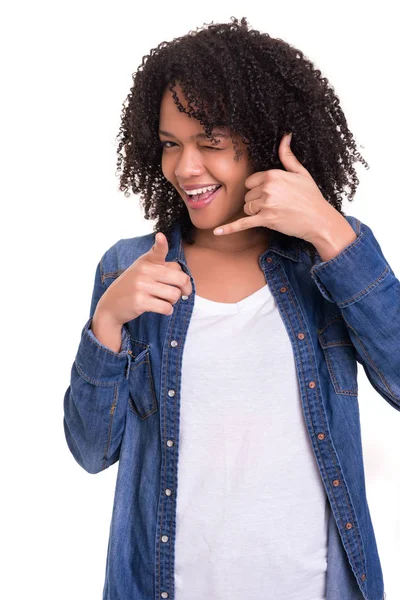 Happy Young African Woman Student Making Call Sign Hand — Stock Photo, Image