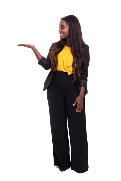 Beautiful African Business Woman Presenting Your Product Isolated White — Stock Photo, Image