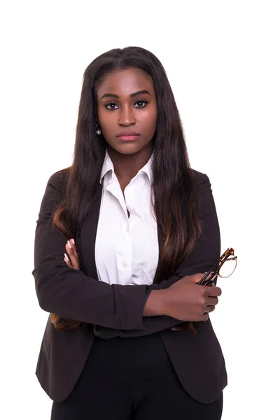 Schöne Junge Afrikanische Geschäftsfrau Posiert Isoliert Über Weiß — Stockfoto