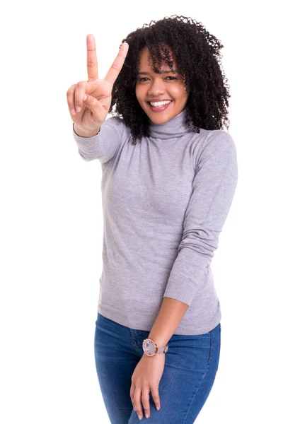 Beautiful Young Woman Signaling Isolated White — Stock Photo, Image