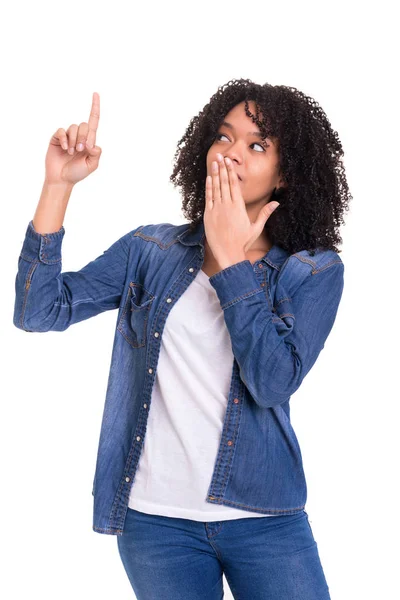 Beautiful African Woman Pointing Something Isolated White Background — Stock Photo, Image