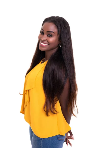 Vacker Ung Afrikansk Kvinna Poserar Isolerade Över Vita — Stockfoto