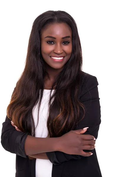 Hermosa Mujer Negocios Africana Posando Aislada Sobre Fondo Blanco — Foto de Stock