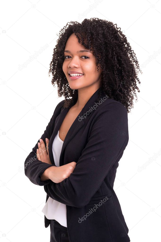 Beautiful african business woman posing isolated over white background