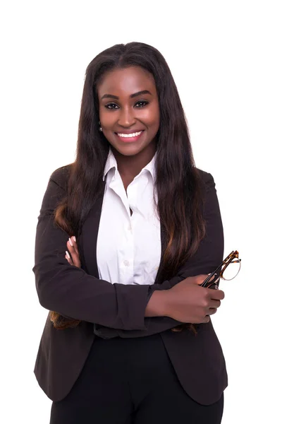Linda Jovem Mulher Negócios Africano Posando Isolado Sobre Branco — Fotografia de Stock
