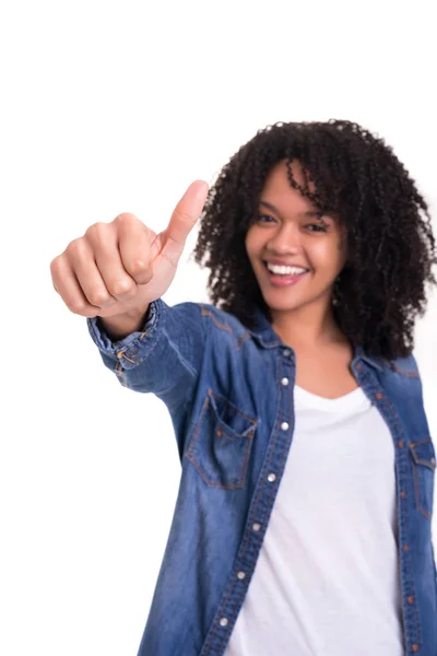 Beautiful Young Woman Signaling Isolated White Background — Stock Photo, Image