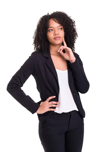 Jonge Afrikaanse Zakenvrouw Met Een Geweldig Idee Geïsoleerd Een Witte — Stockfoto