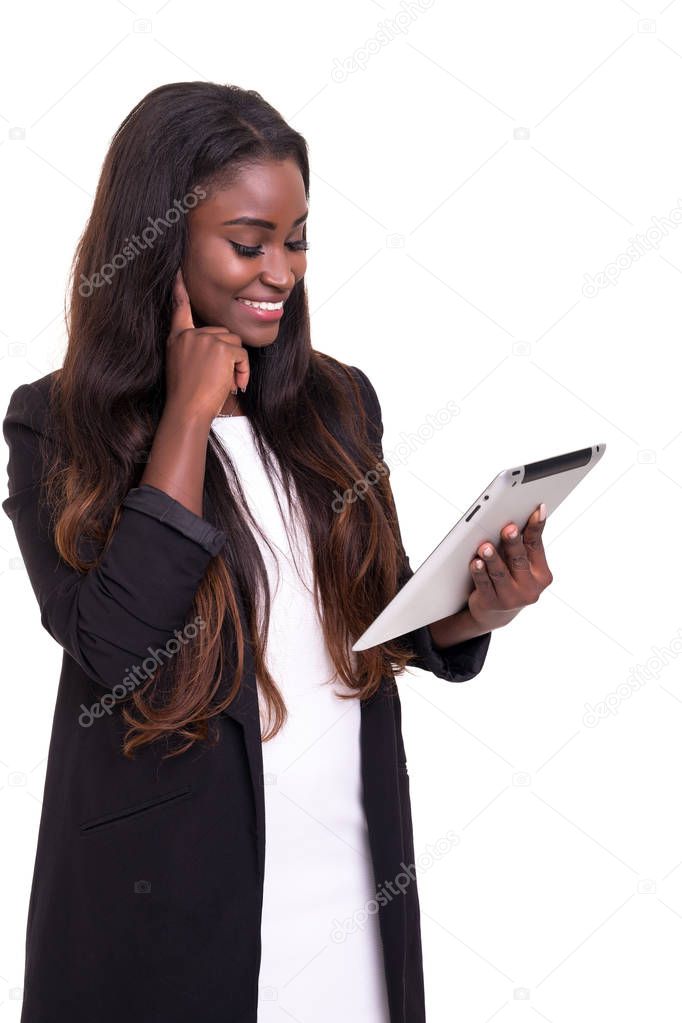 Young african business woman working with tablet pc isolated on white background